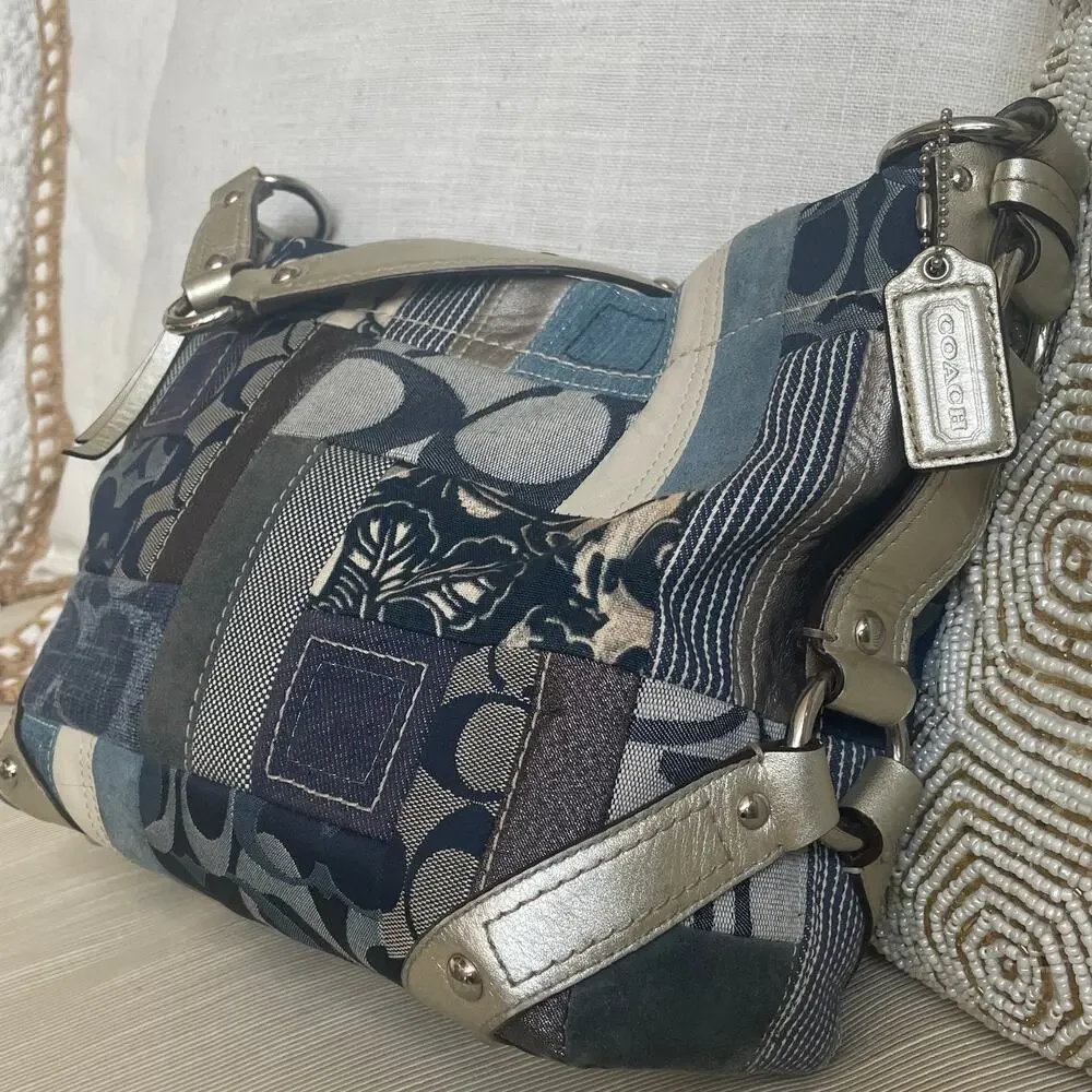 Rare Coach Signature Denim Patchwork Hobo F13721 Blue Multi Y2K Shoulder Bag
